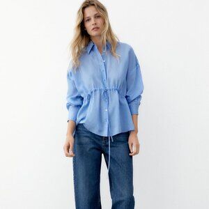 Zara Light Blue Button-Up Shirt with Drawstring Waist Size XS/Small NEWWITH TAG!